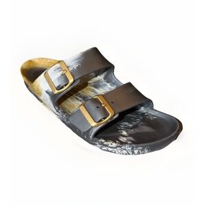 Birkenstock Two-Strap Slide Sandal in Black with Gold Buckles
